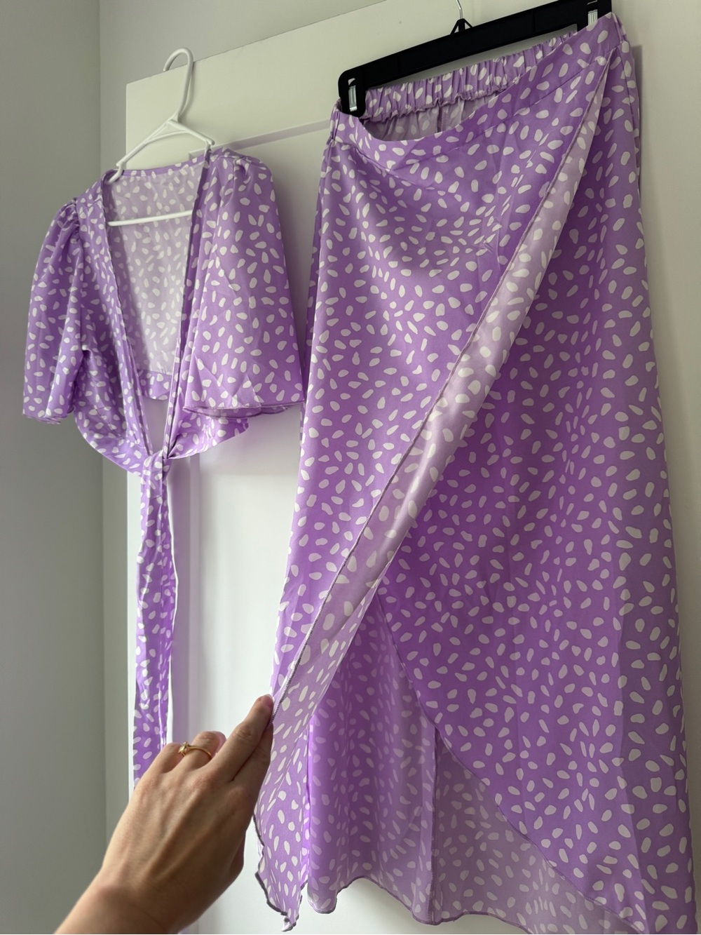 Lilac Printed Wrap Skirt and Tie-Front Top Set- never worn